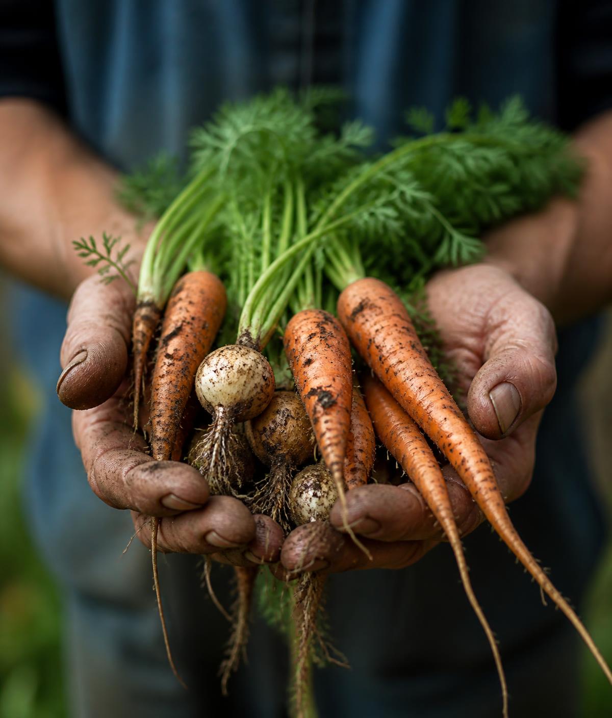 Hands holding freshly harvested vegetables